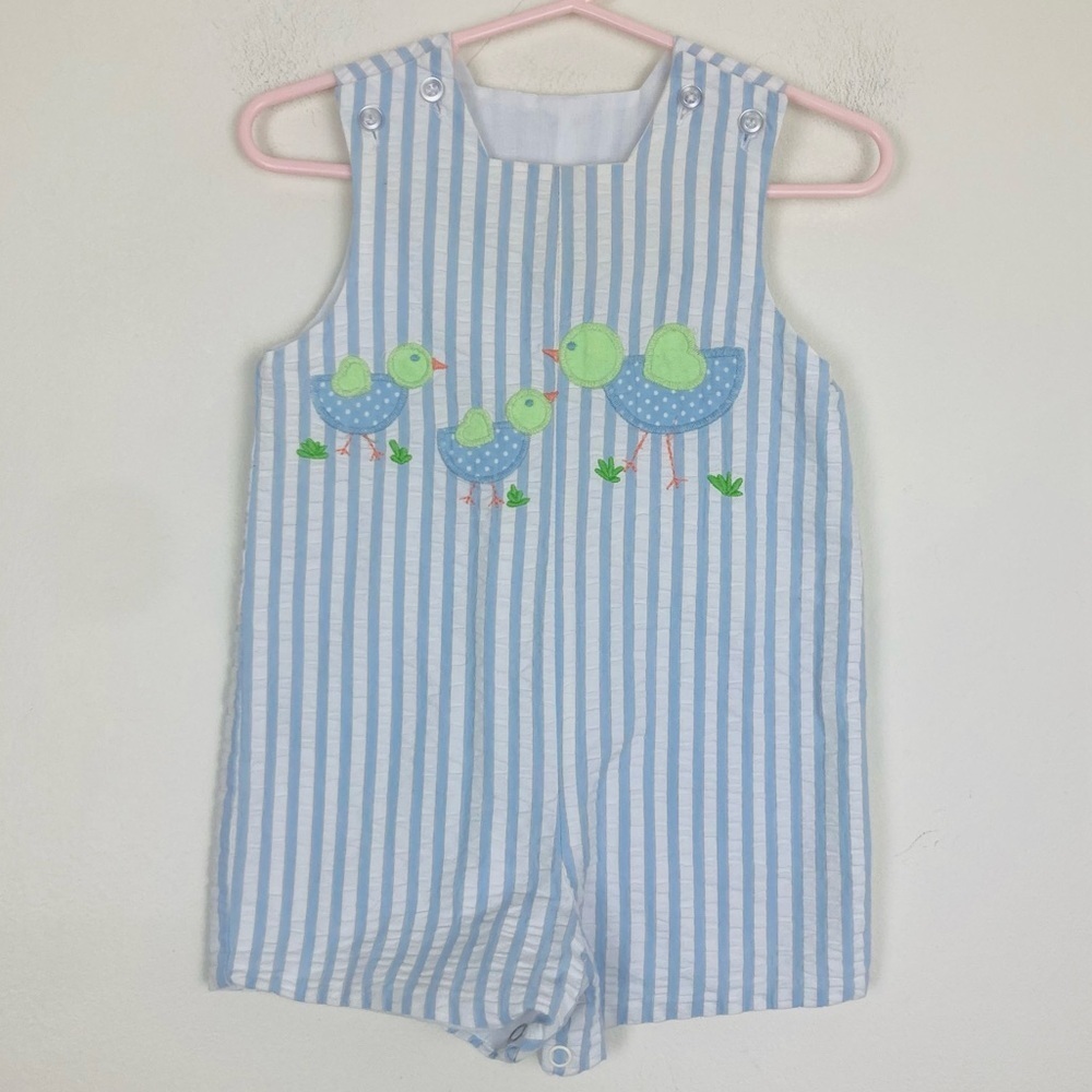 The Bailey Boys blue and white stripe seersucker romper with bird appliqué. 12m